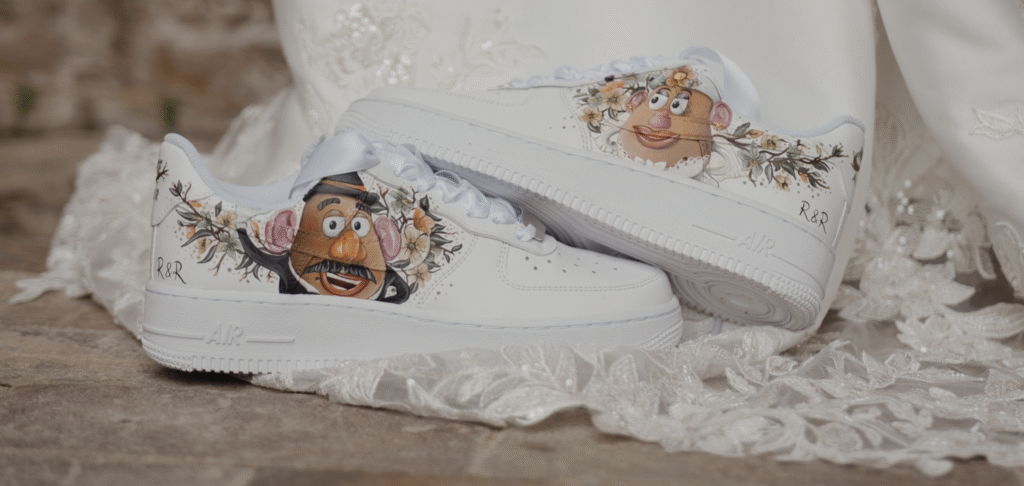 Ria's custom made Mr & Mrs Potato Head Nike Air Force 1's at Crowcombe Court, Somerset