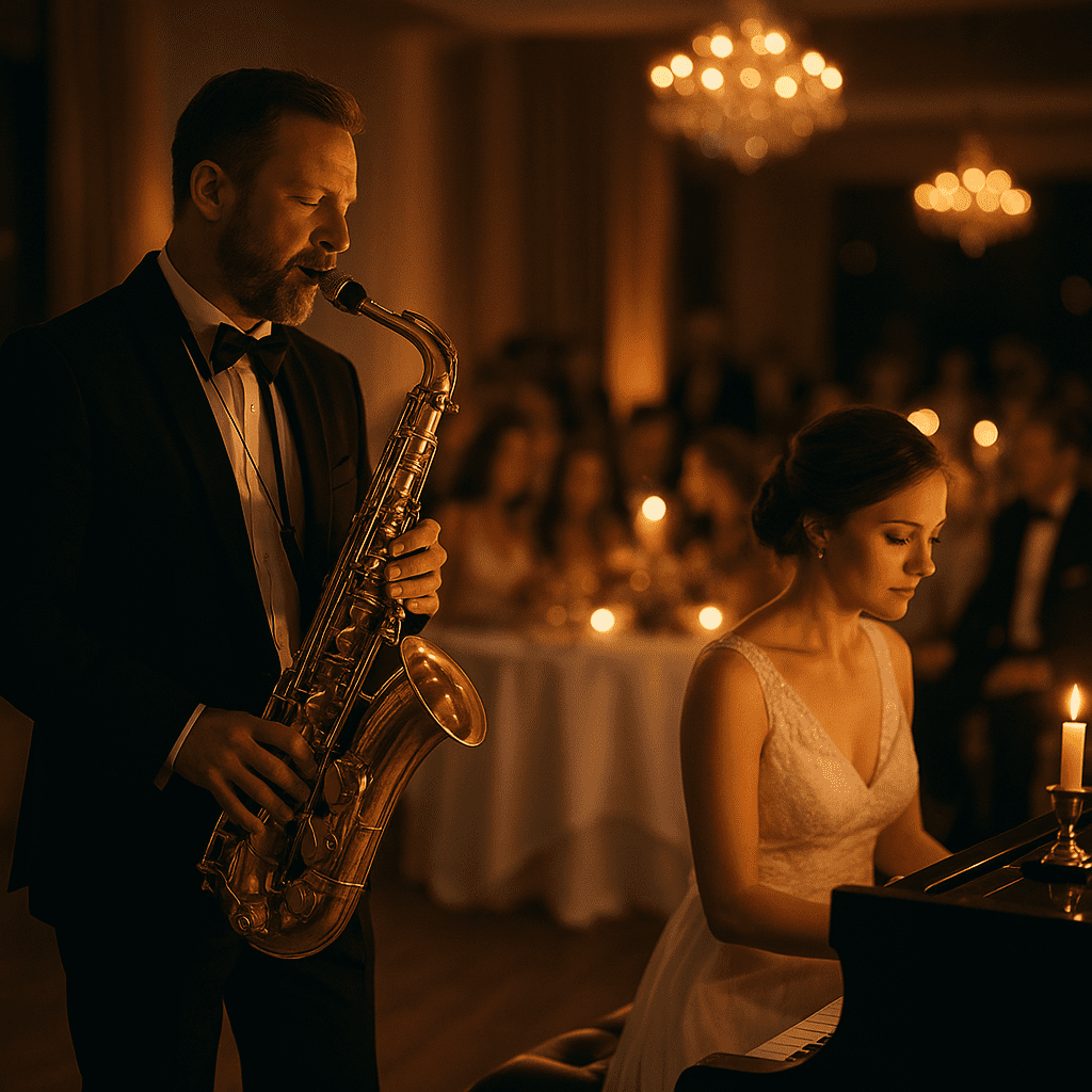 Elegant wedding reception with saxophonist and grand piano under warm lighting